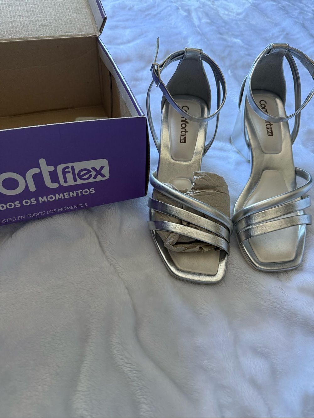 Comfortflex Silver Strappy Ankle‑Buckle Sandals for Women